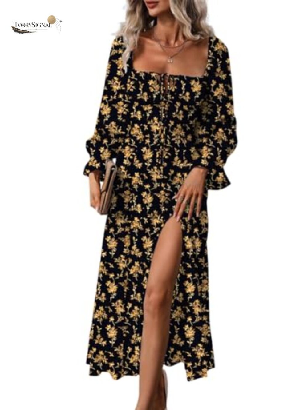 Womens Square Neck Long Sleeve Boho Floral Midi Dress Side Split A-Line